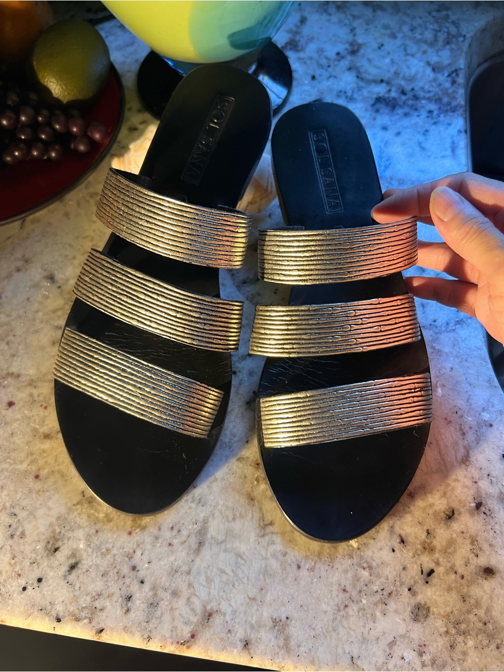Sol Sana Black Slide Sandals with Metallic Gold Straps worn only 3x!